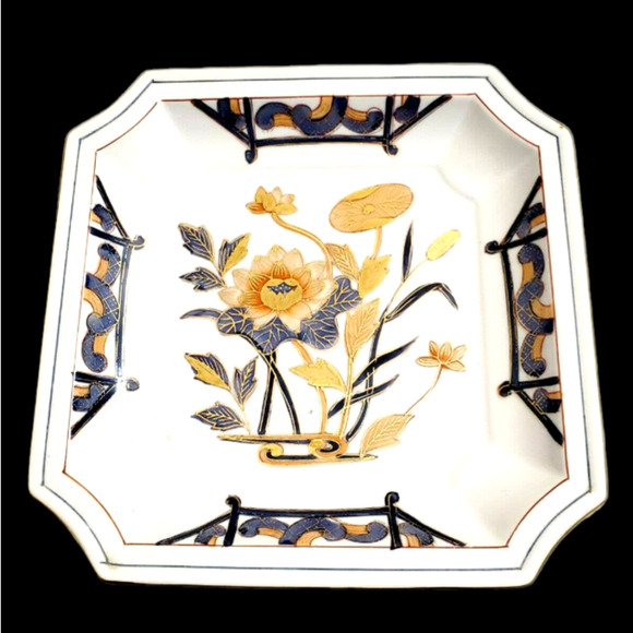 Andrea by Sadek Asian Floral Japan Decorative 8" Square Plates Blue Orange - Picture 2 of 5